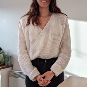 White Crop Wrap Knit Sweater With A V-neck